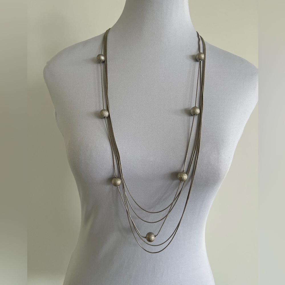 GRAZIANO CN Signed Station Necklace 4 Strand Silver Tone Chains Beads Elegant